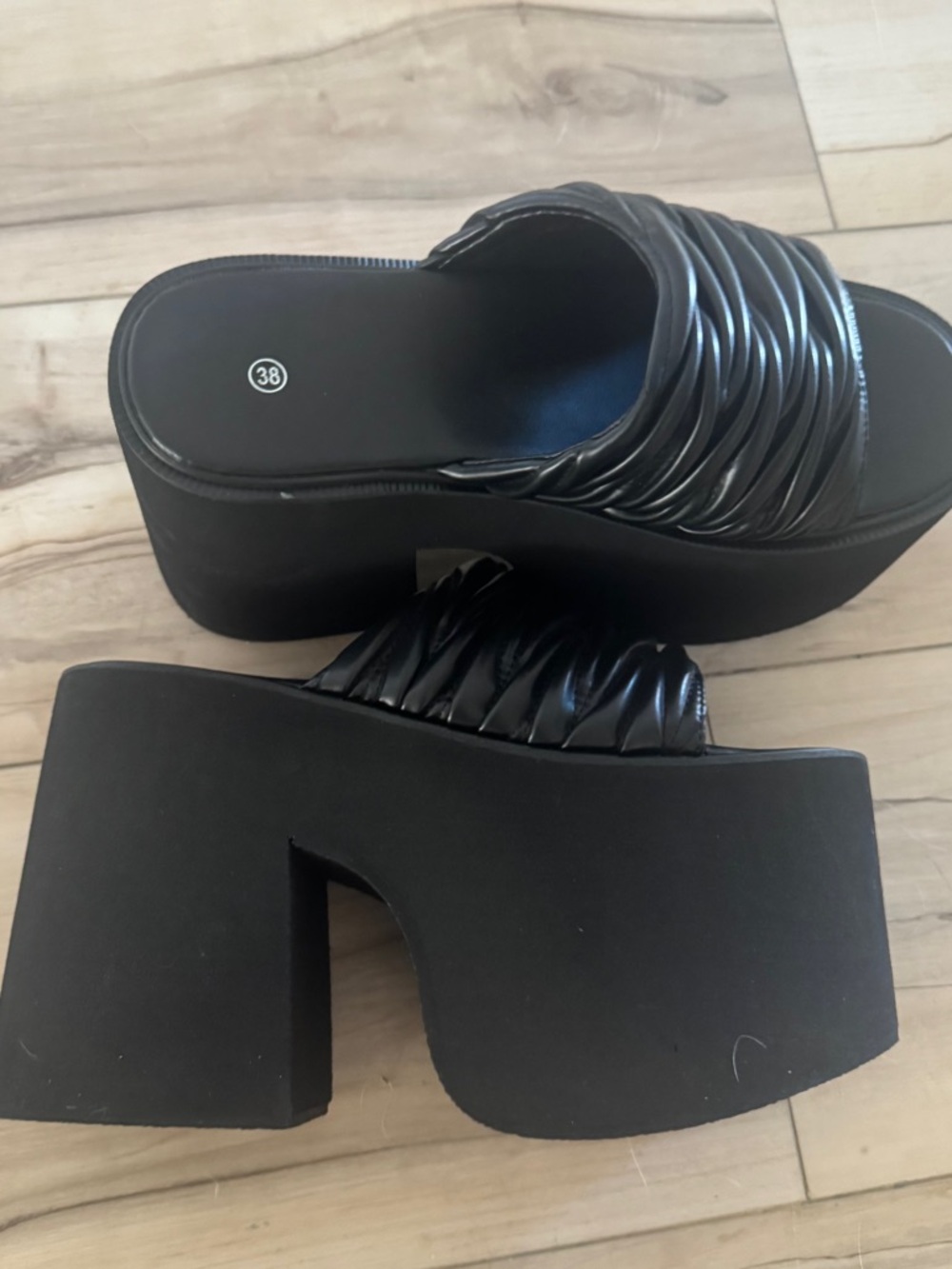 Black Platform Slide Sandals with Ruched Strap - Picture 2 of 5
